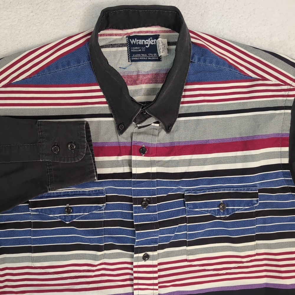 Vintage Made USA Wrangler Multi horizontal stripe‎ western shirt 17.5 35 COWBOY